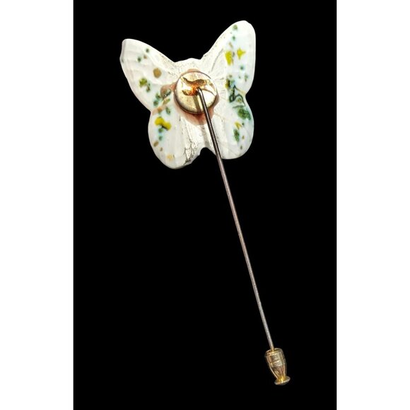 Vintage Ceramic Butterfly Stick Pin Mottled White And Green Glaze - Picture 3 of 6